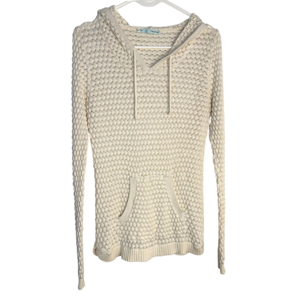 Maurices Sweater Hoodie Women Cream Excellent Popcorn Knit Drawstring Boho